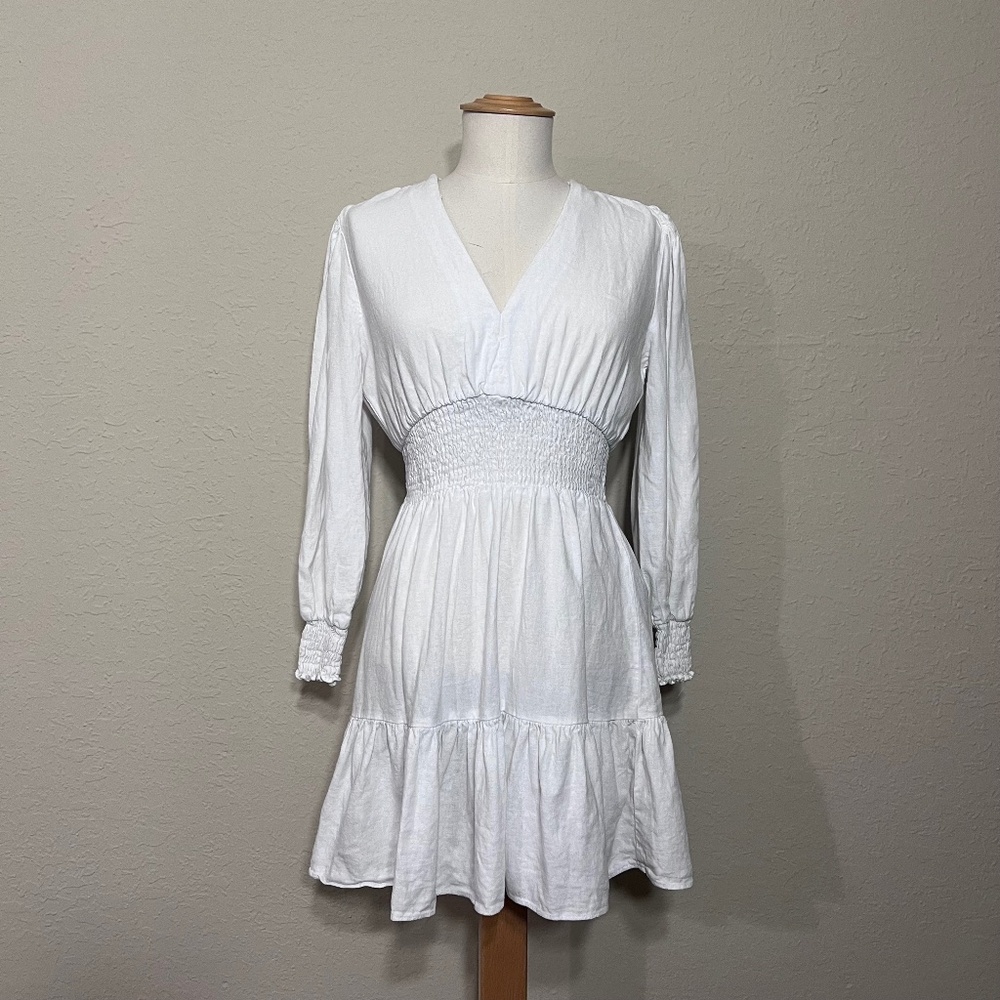 ZARA Linen Ruffle Long Sleeve Dress XS